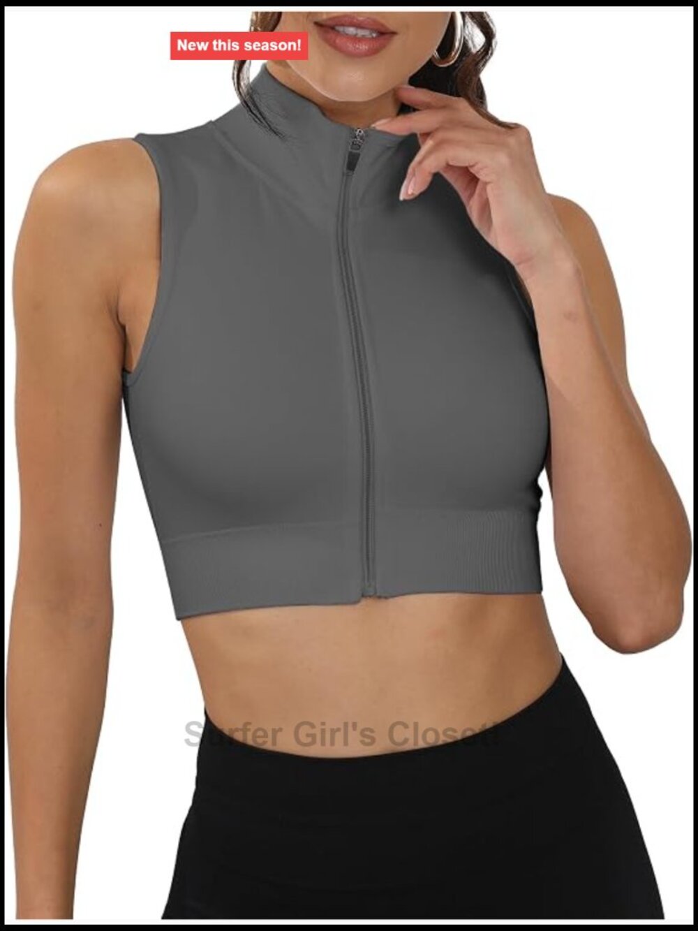 Women's Zip Up Crop Tank Top with Built-in Bra Mock Neck Athletic Sleeveless